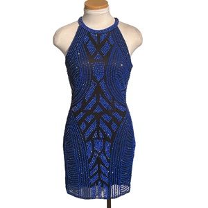 Parker Blue Beaded High Neck Mini Dress Size Small